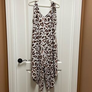MSK Sz M Linen Blend Brown White Wide Angled Hem Leg Tie Up Jumpsuit Pockets!